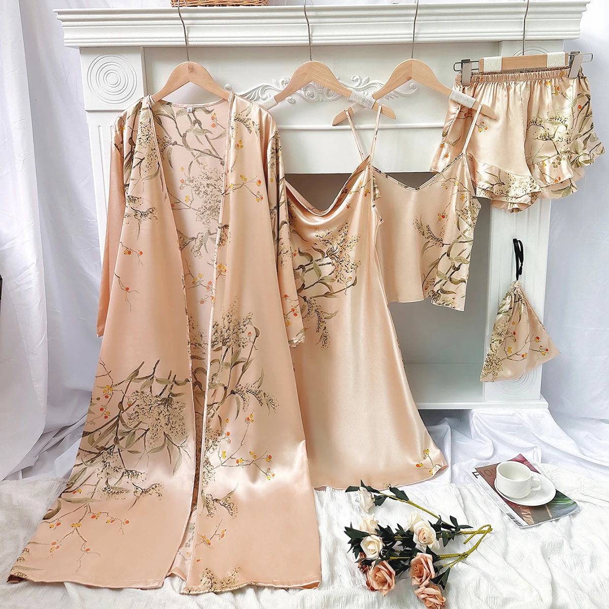 5pcs Floral Print Long Sleeve Robe Cami Dress Cami Top Ruffle Hem Shorts Simple Pajamas Sets for Women