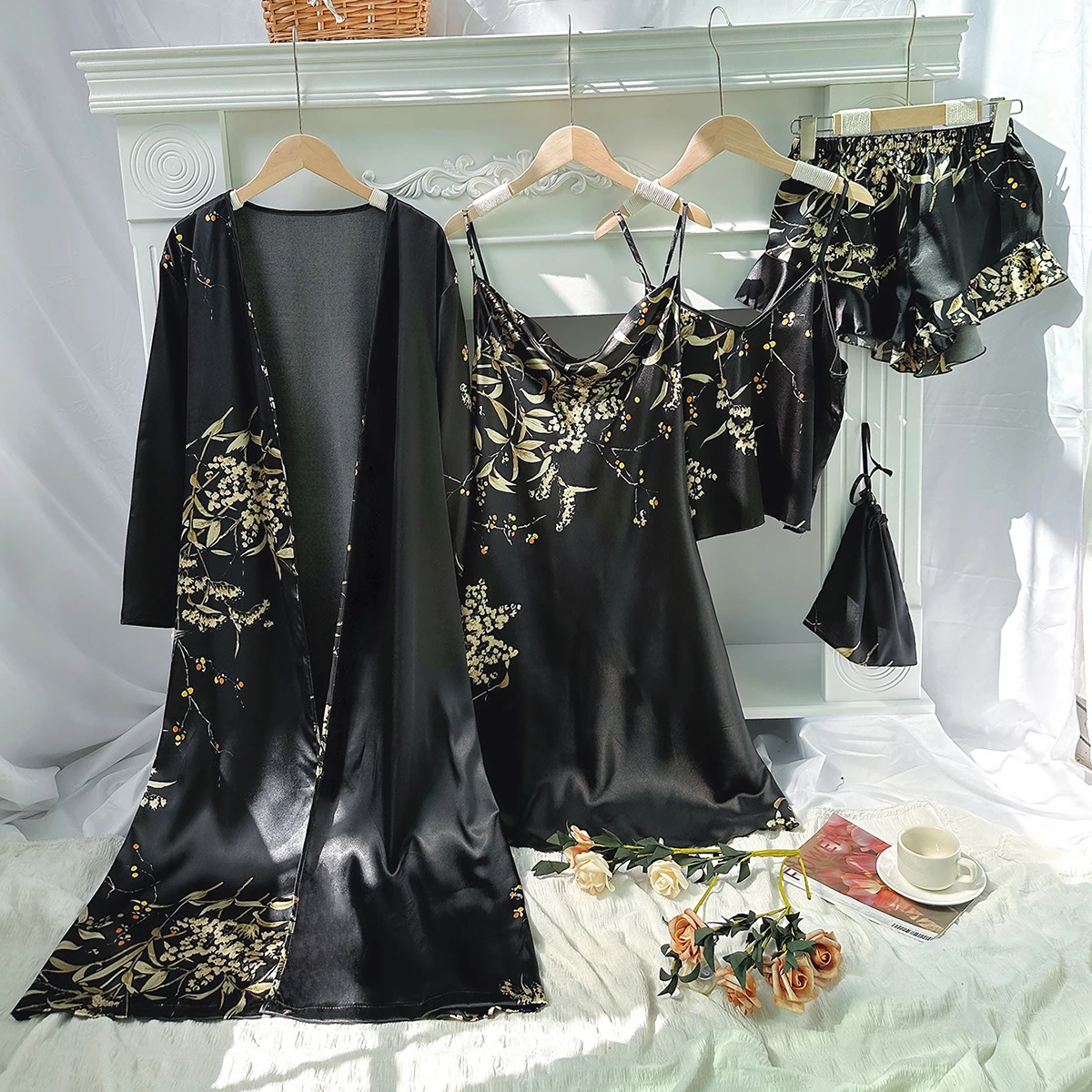 5pcs Floral Print Long Sleeve Robe Cami Dress Cami Top Ruffle Hem Shorts Simple Pajamas Sets for Women - Image 3
